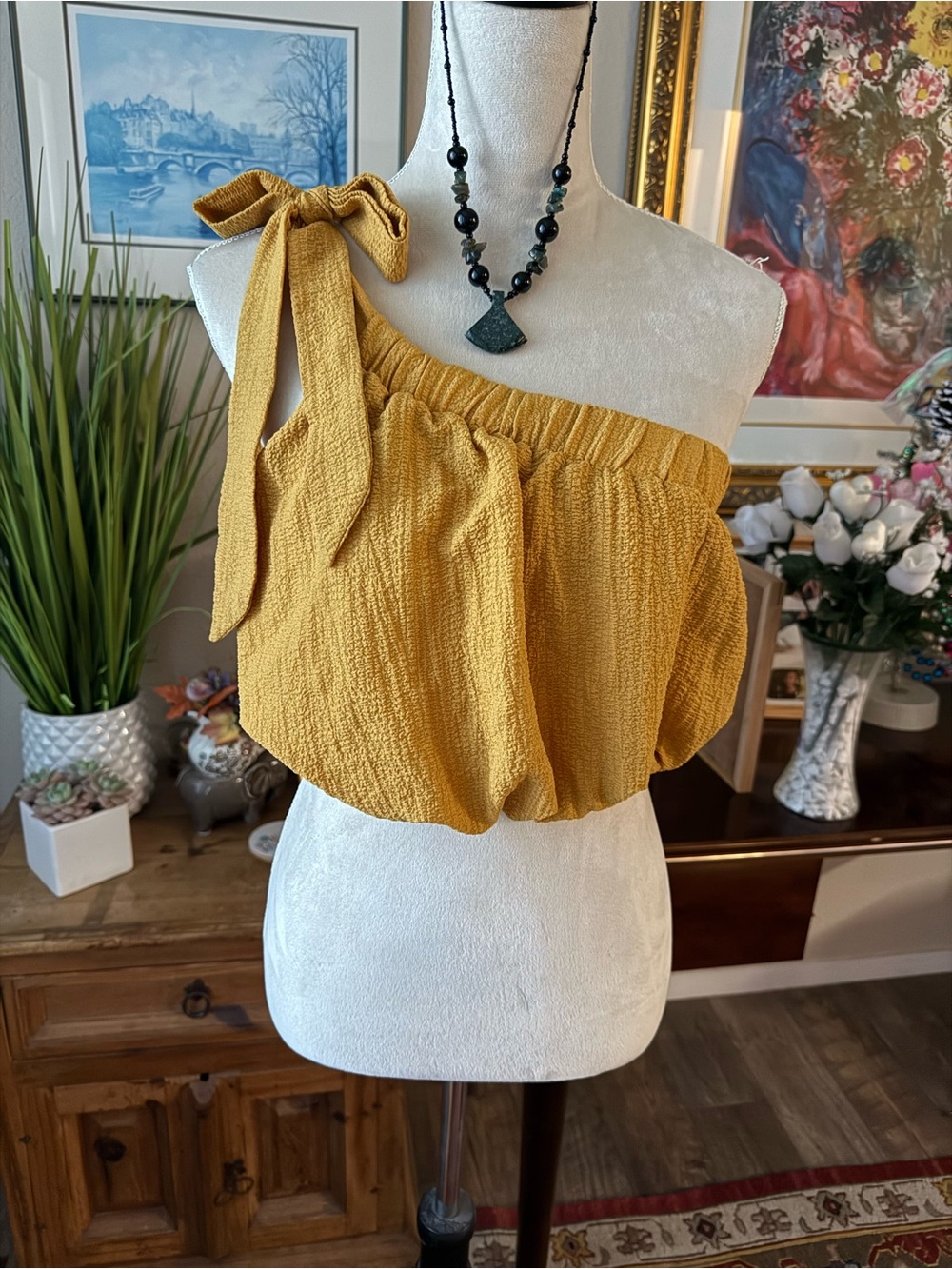 SHEIN Mustard One-Shoulder Tie-Shoulder Crop Top